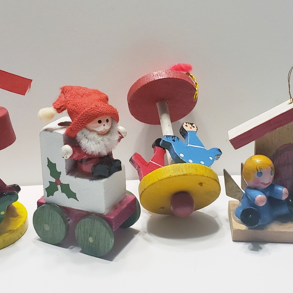 Vintage Taiwan Wood Christmas Ornaments (4) Merry Go Round, Santa & Train, Angel